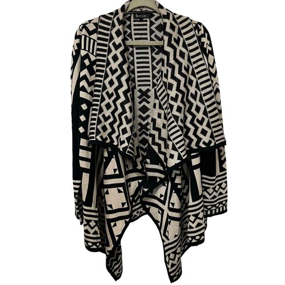 Sisters Women’s Aztec Cardigan Sz M/L Black/Cream Waterfall Asymmetrical Open - Picture 1 of 5